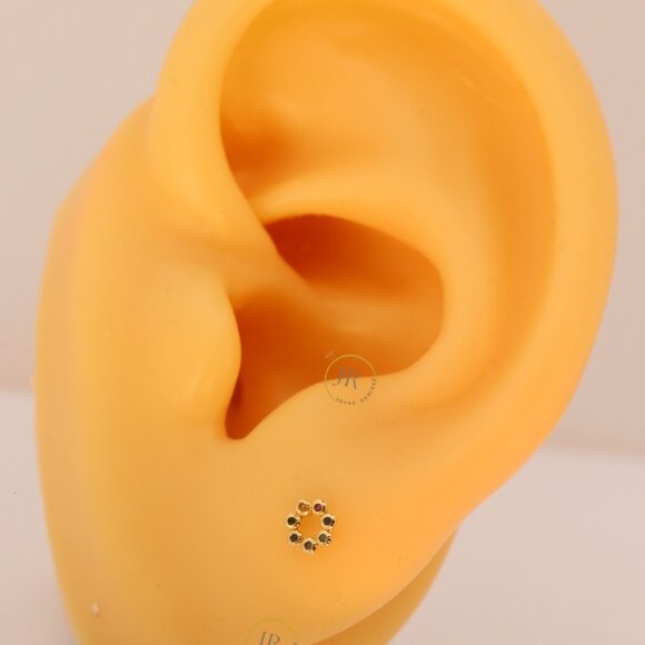 14K Solid Gold Circle Stud Earrings with Multicolor CZ · 4mm Dainty Design. - Picture 6 of 8